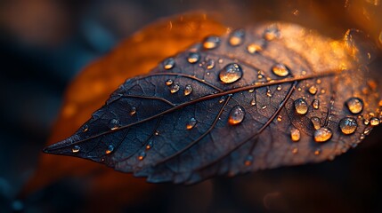 Dark Leaf Glistens With Morning Dew Drops