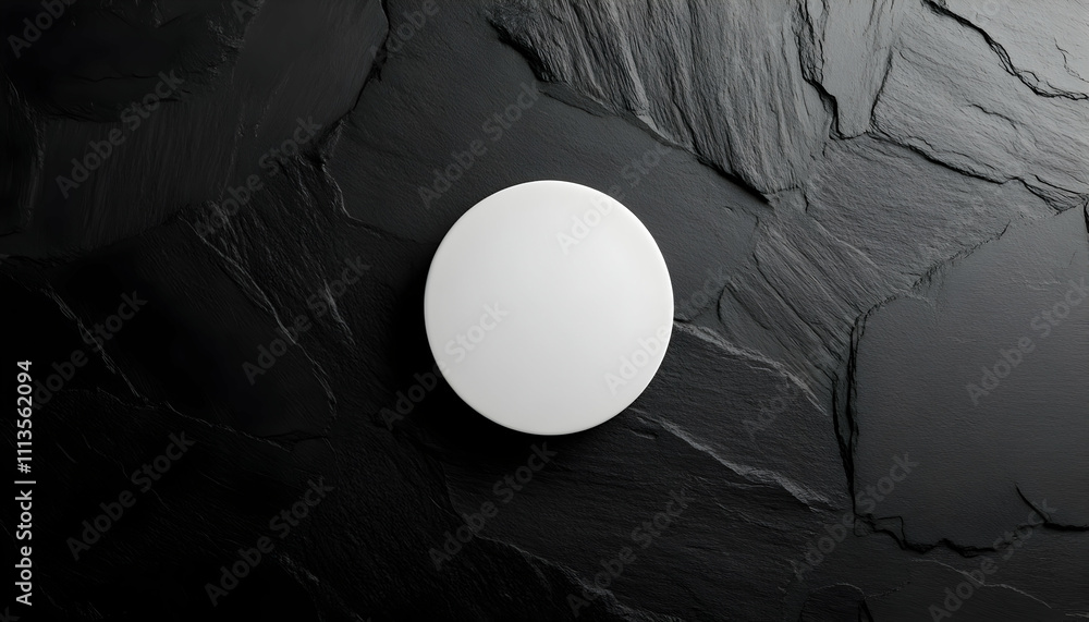 Poster a minimalist white circular object on a textured black surface.