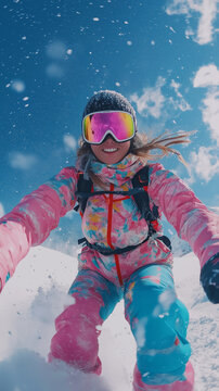Snowboarder wearing goggles and colorful clothes enjoying speed