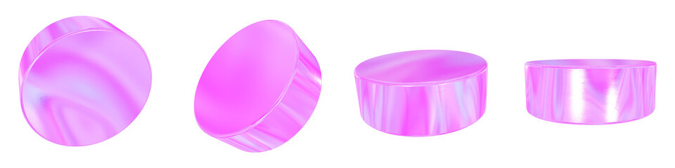 Set of 4 3d iridescent cylinder isolated on a transparent background. Pink tone. 3d elements for graphic design.