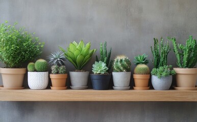 Collection of assorted potted plants on wooden shelf against textured background