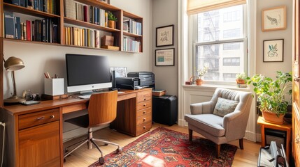 Fototapeta premium Woman Home Office in Small Spaces maximizing comfort and efficiency in compact setups