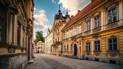Obraz premium Timeless Stroll: Baroque Elegance on a European Cobblestone Street