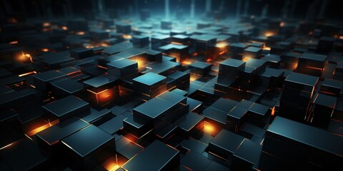 Fototapeta premium Abstract Minimalist Design with Overlapping Black Squares on Dark Background Illuminated by Subtle Glow Effects