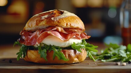 Delicious sandwich with fresh mozzarella, prosciutto, and arugula on rustic bread