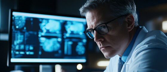 Fototapeta premium Concentrated Scientist Analyzing Data on Computer Screen in Lab