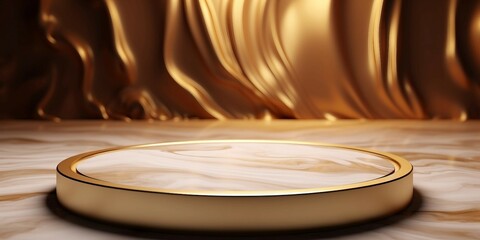 Obraz premium 金色の立体的で曲線的な背景に白と茶色の大理石風の丸い展示台が一つある抽象横長バナー
