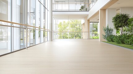 Fototapeta premium A modern interior space filled with natural light, showcasing bamboo flooring and large windows that open to a green balcony. The stylish design emphasizes sustainable materials while providing a