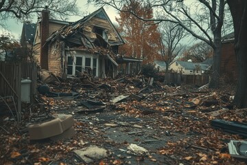 Burnt house debris scattered across yard. Illustrates aftermath of fire, loss, disaster.