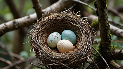 Obraz premium Close-up of a bird's nest nestled among tree branches with eggs inside