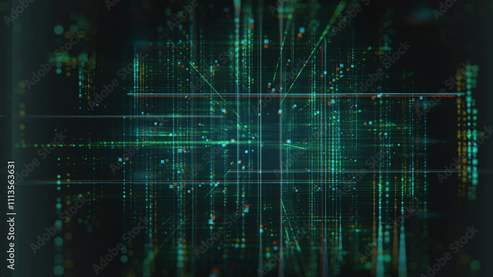 Poster a futuristic technology background with a glowing grid pattern in shades of green, representing the 