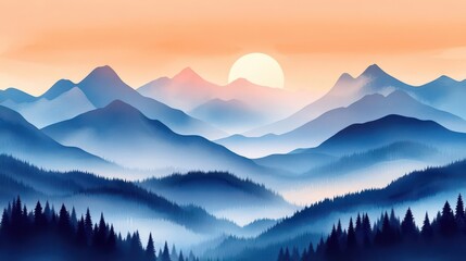 Obraz premium Sunrise-lit mountain range, flat design, triadic color palette, vintage watercolor, misty valleys and distant peaks, soft glowing light