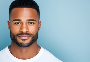 Obraz premium Confident young man with beard poses against a blue background in natural light