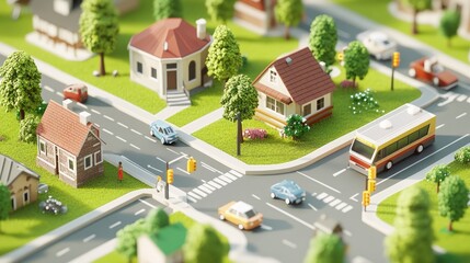 Miniature city model with houses, cars, and a bus, depicts a residential area with intersections and pedestrian crossings, showcasing a miniature representation of urban life.