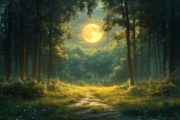 Fototapeta premium Moonlit Forest Path A Serene Night Scene