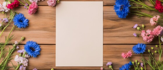 Blank paper surrounded by colorful flowers on a wooden surface during the day