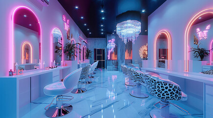 Beauty salon design in futurism and neon style, crystal, leopard chandelier.