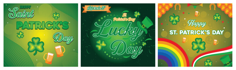 Festive Saint Patrick's Day. 17th March. St. Patterns Shamrocks and Rainbows. Set flat vector modern illustration 