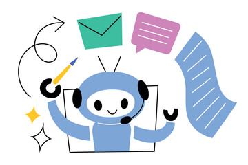 Cute cartoon robot creating texts, letters, and articles, artificial intelligence concept, AI vector illustration for communication, content generation, and technology themes