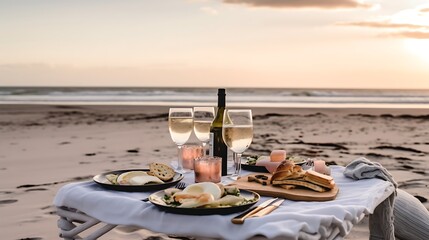 Romantic Beach Sunset Dinner Featuring Wine and Appetizers