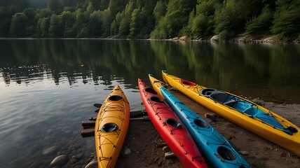 Kayaks lined up on the shore of a calm river