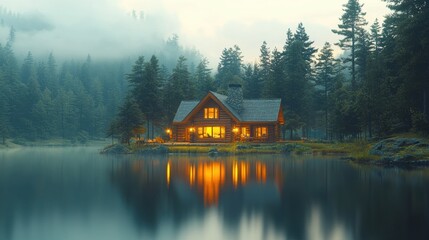Obraz premium Cozy Cabin Glowing by Tranquil Lake in Snowy Forest Wilderness