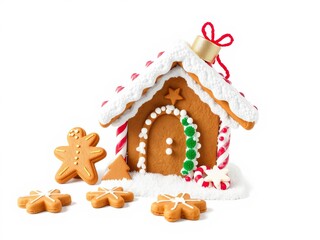 3D rendering of a festive gingerbread dog house on a white background, gingerbread, white background