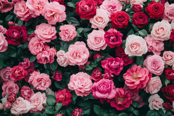 Lush pink and red rose bushes full of blooming flowers arranged in various formations