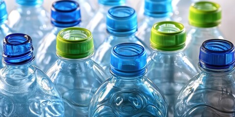 Close-Up View of Plastic Water Bottles Featuring Blue and Green Caps, Highlighting Their Transparency and Unique Designs in a Captivating Arrangement