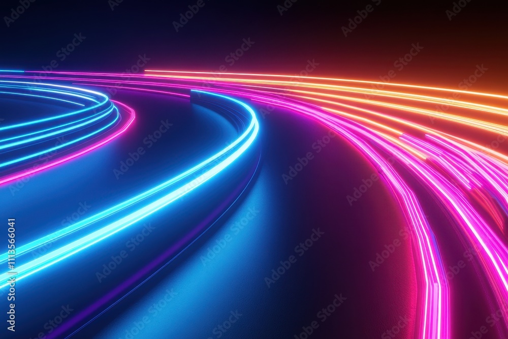 Poster a futuristic scene with neon light streaks creating a sense of speed and motion