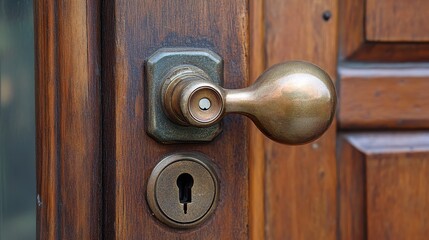 Antique brass doorknob on rich wood door. Perfect for themes of security, home, or classic design.