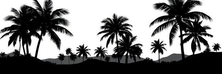 A collection of intricate silhouettes of palm trees against a sunset sky, silhouette set, stock photo