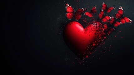 A vivid red heart centered on a deep black background, with its upper right dissolving into a cloud of butterflies. The butterflies are delicately designed.