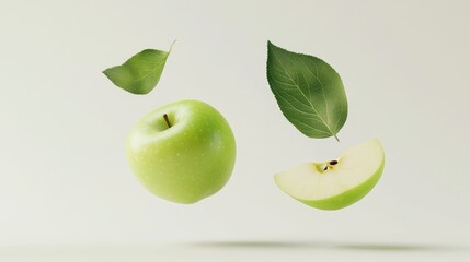 A floating green apple with a sliced section and leaves, showcasing freshness and nature.