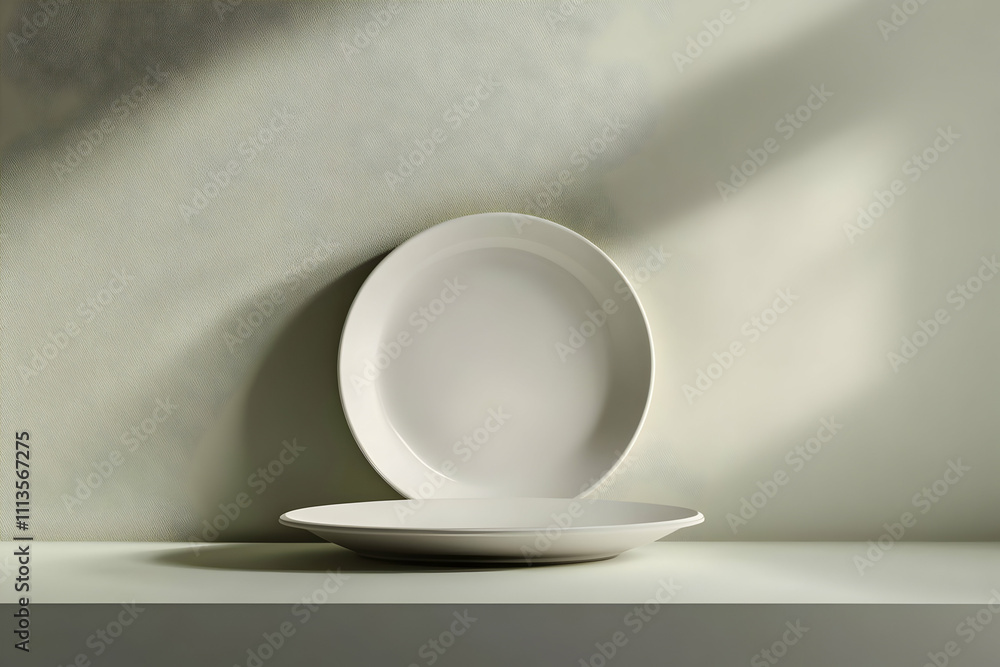 Poster two minimalist white plates stacked on a shelf with soft shadows.