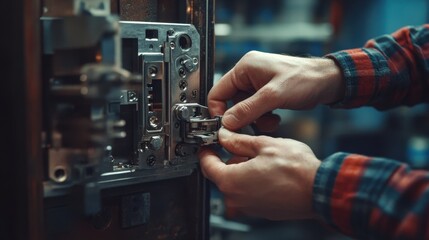 Close-up of hands installing a lock mechanism. Shows precision and detail of lock repair or creation.