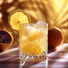 A yellow juice cocktail in a textured crystal glass, garnished with dehydrated lemon slice.