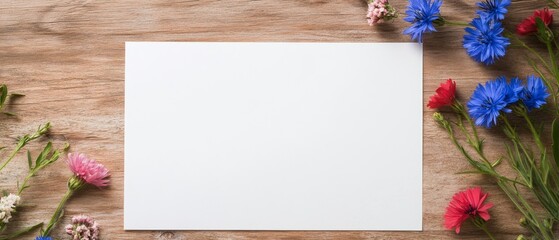 Blank paper surrounded by colorful flowers on a wooden surface during the day