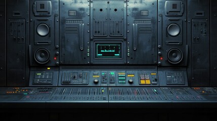 Obraz premium A futuristic control panel with buttons, screens, and speakers, suggesting a high-tech environment.