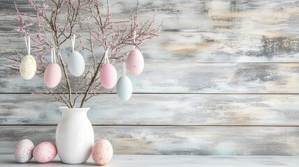 Easter tree with hanging Easter eggs in pastel color
