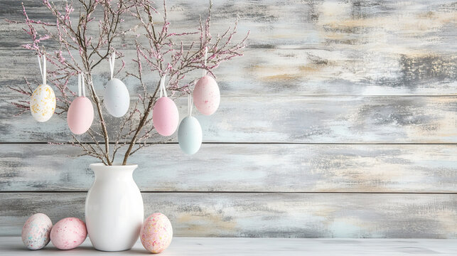 Easter tree with hanging Easter eggs in pastel color