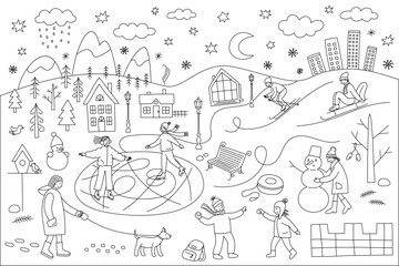 Winter park coloring page with people ice skating, playing snowballs, building snowmen, sledding, and skiing, detailed outdoor scene for kids, fun winter activity, outline illustration