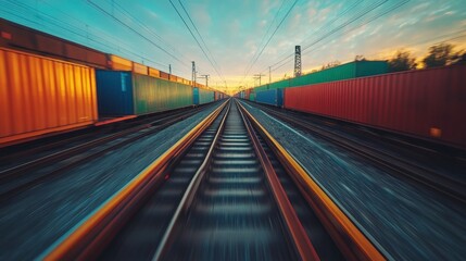 Naklejka premium Freight Train Transport Colorful Cargo Containers on Railway Tracks