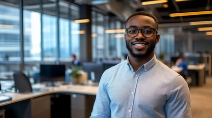 Fototapeta premium Positive African American businessman in modern office setting.