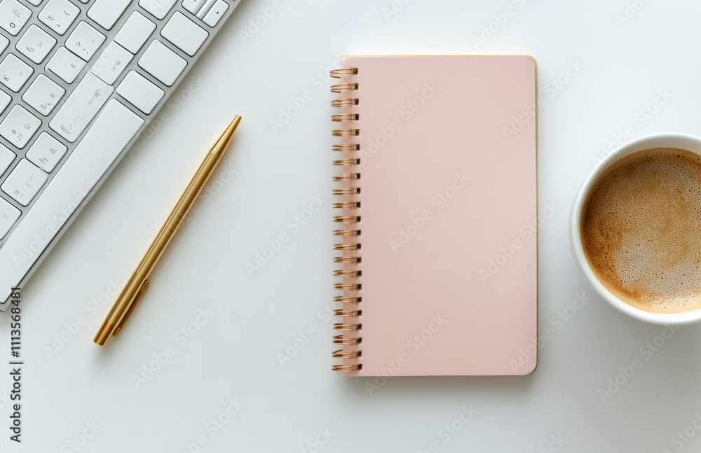 Poster workspace setup featuring a notepad, coffee cup, and keyboard for creative tasks