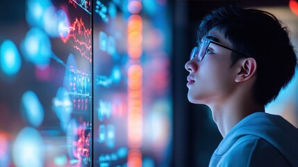 Young man studying behavioral science in an interactive research setting