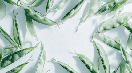 Top view of a heap of fresh grey pea pods on a white background, creating a cute and abstract minimal look, perfect for summer and spring seasonal illustrations with ample copy space.