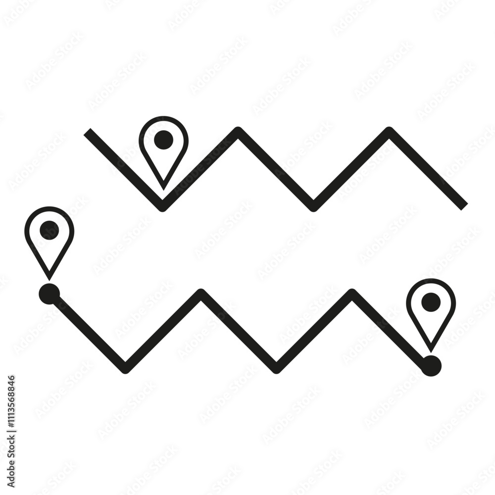 Poster route map icon. zigzag path symbol. location pin vector. navigation route graphic.