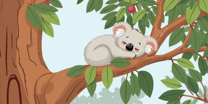 A cute koala sleeping peacefully on a tree branch in a cartoon style illustration, koala, peaceful