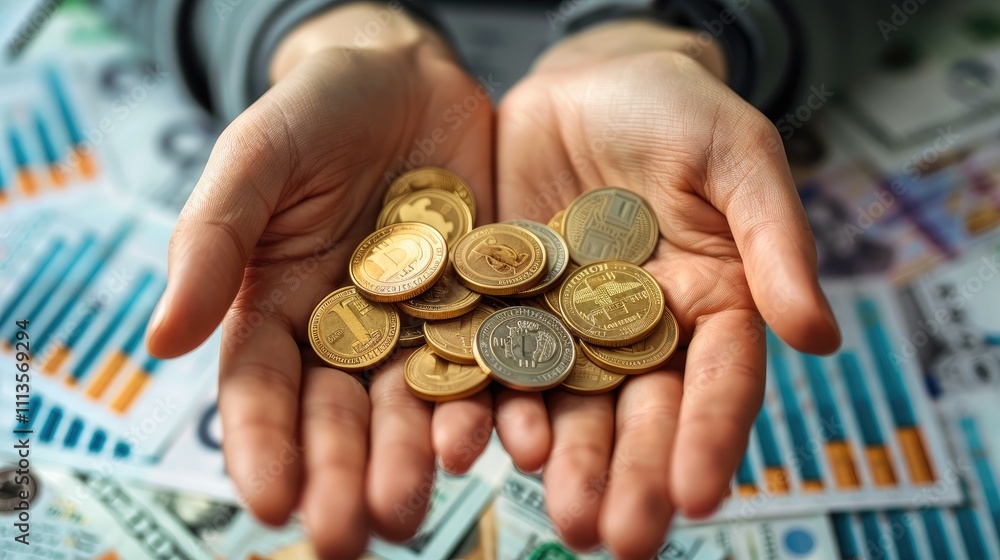 Poster a close-up of hands holding coins and banknotes, with a background of financial charts and graphs. i